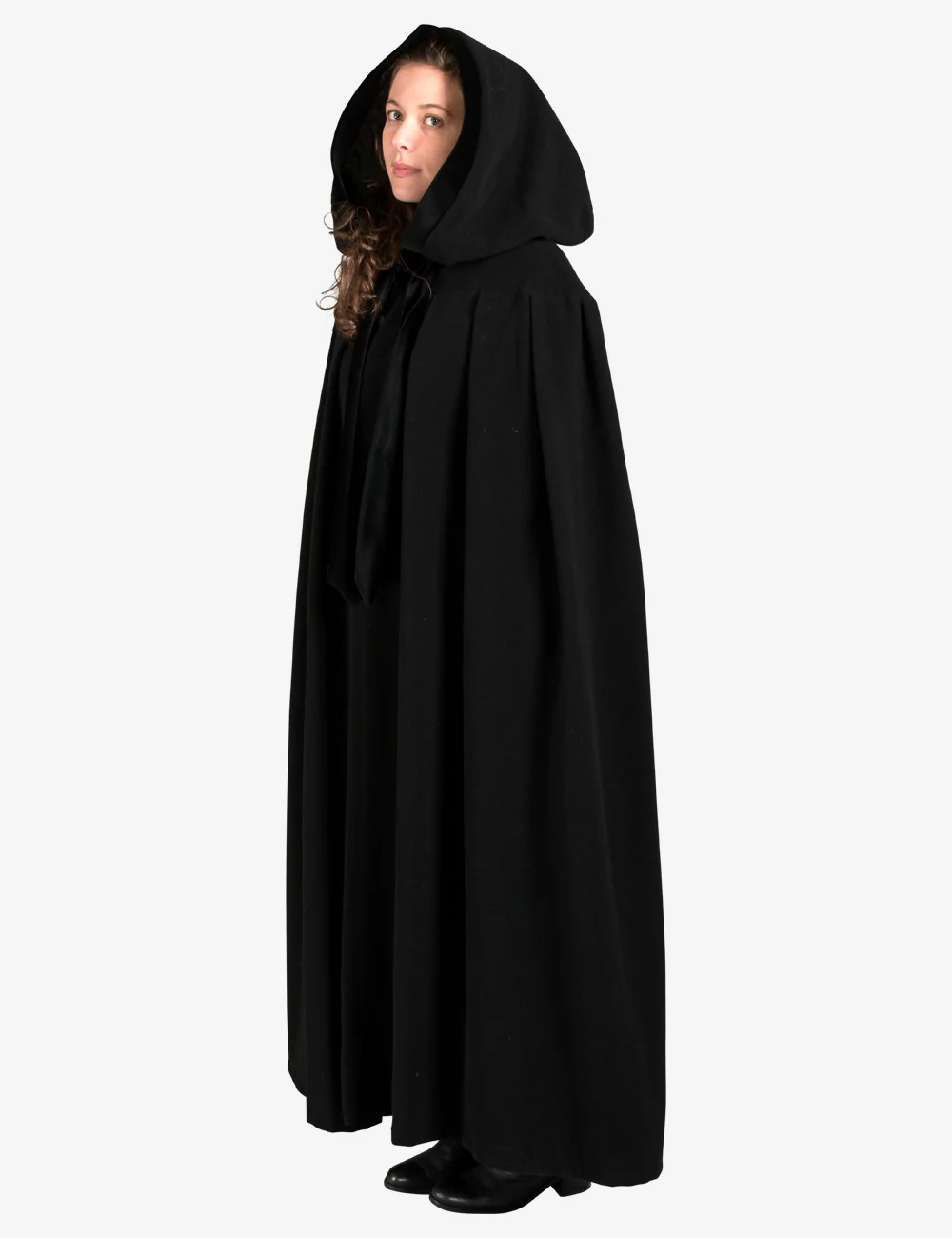 Unisex Mantello Nero In Pura Lana Con Cappuccio - Image 5